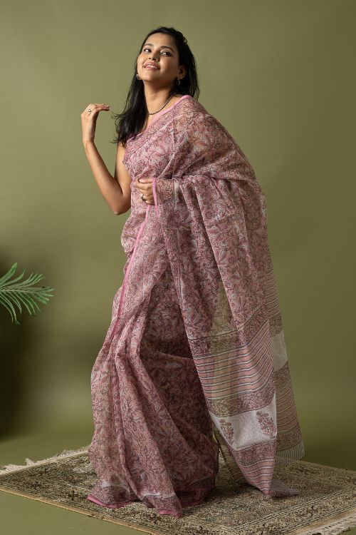 ICH Light & Breezy. Sanganeri Hand Block Printed Kota Doria - Pink Floral