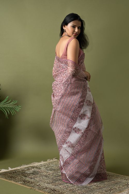 ICH Light & Breezy. Sanganeri Hand Block Printed Kota Doria - Pink Floral