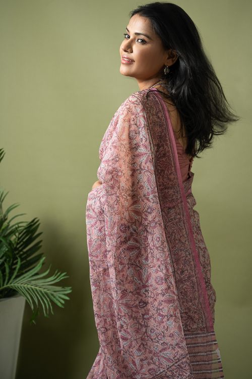 ICH Light & Breezy. Sanganeri Hand Block Printed Kota Doria - Pink Floral