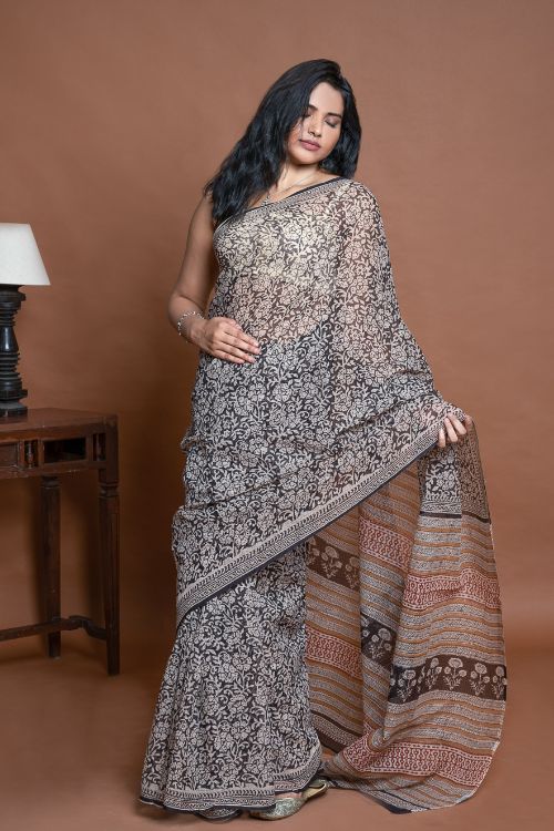 ICH Light & Breezy. Sanganeri Hand Block Printed Kota Doria - Black Floral