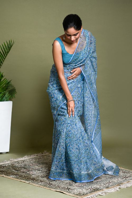 ICH Light & Breezy. Sanganeri Hand Block Printed Kota Doria - Floral Blue