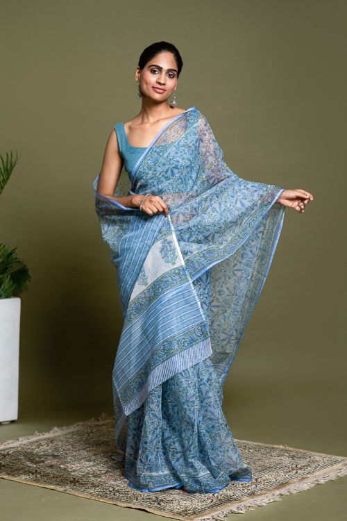 ICH Light & Breezy. Sanganeri Hand Block Printed Kota Doria - Floral Blue