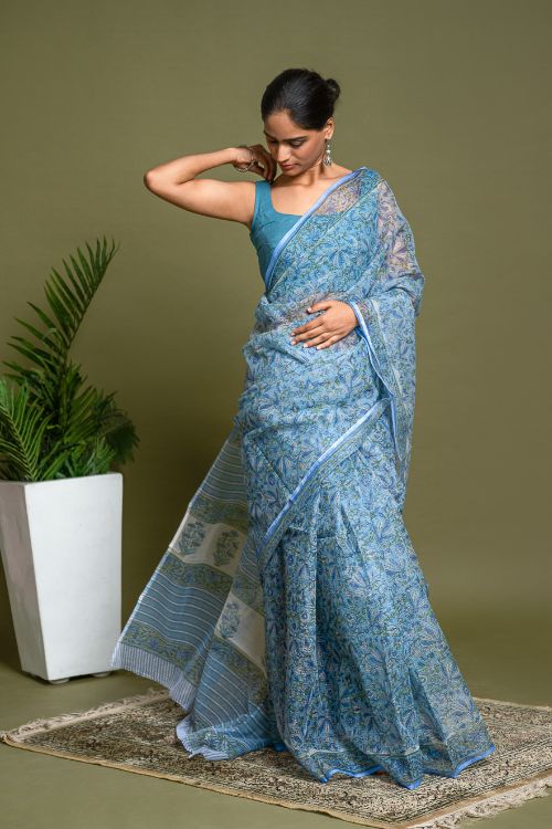 ICH Light & Breezy. Sanganeri Hand Block Printed Kota Doria - Floral Blue