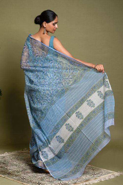 ICH Light & Breezy. Sanganeri Hand Block Printed Kota Doria - Floral Blue