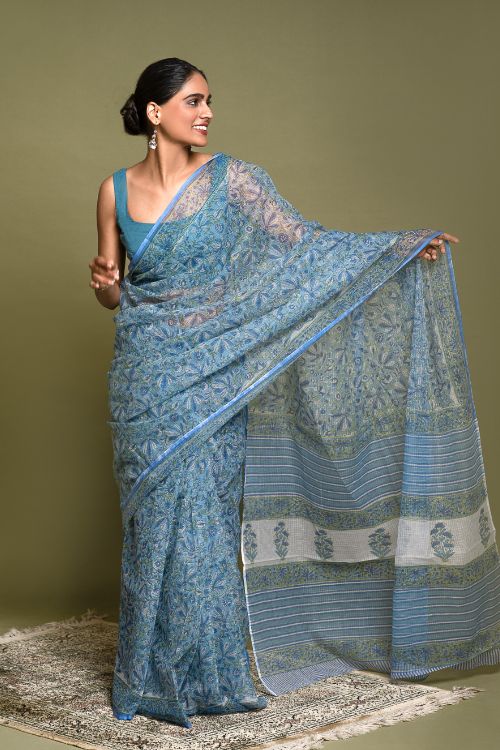 ICH Light & Breezy. Sanganeri Hand Block Printed Kota Doria - Floral Blue