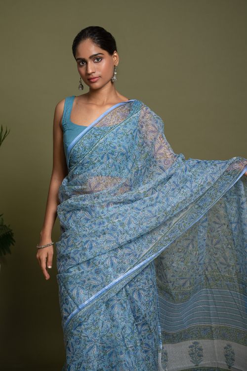 ICH Light & Breezy. Sanganeri Hand Block Printed Kota Doria - Floral Blue