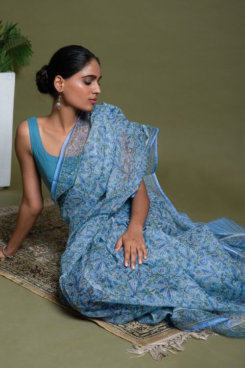 ICH Light & Breezy. Sanganeri Hand Block Printed Kota Doria - Floral Blue