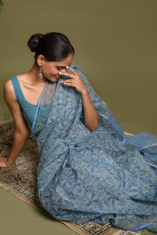 ICH Light & Breezy. Sanganeri Hand Block Printed Kota Doria - Floral Blue
