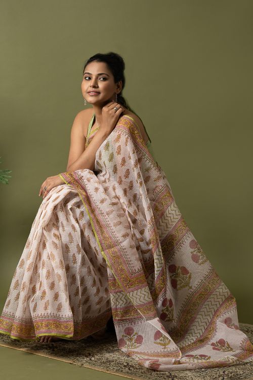 ICH Light & Breezy. Sanganeri Hand Block Printed Kota Doria - White Summer