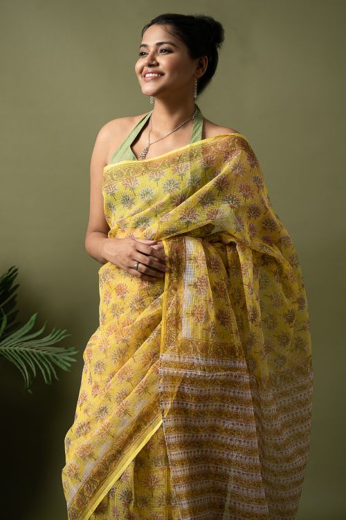 ICH Light & Breezy. Sanganeri Hand Block Printed Kota Doria - Yellow Flora