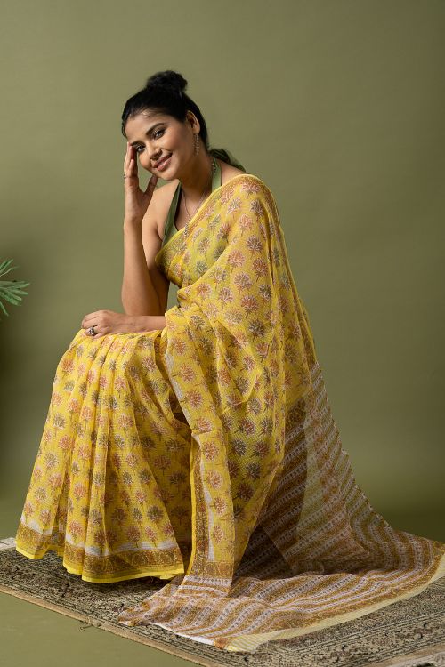 ICH Light & Breezy. Sanganeri Hand Block Printed Kota Doria - Yellow Flora