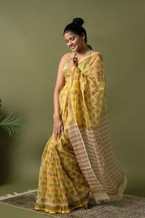 ICH Light & Breezy. Sanganeri Hand Block Printed Kota Doria - Yellow Flora