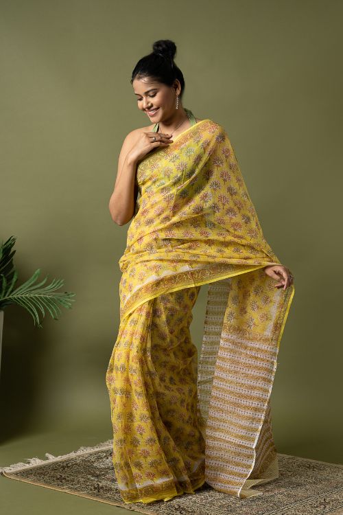 ICH Light & Breezy. Sanganeri Hand Block Printed Kota Doria - Yellow Flora