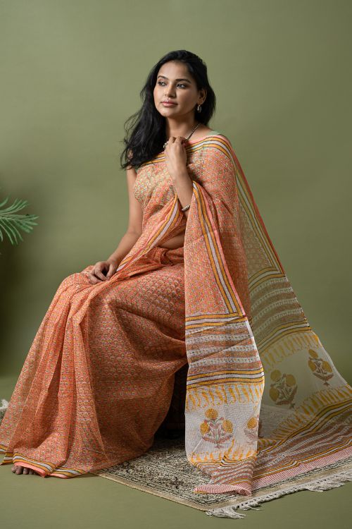 ICH Light & Breezy. Sanganeri Hand Block Printed Kota Doria - Peach Flora