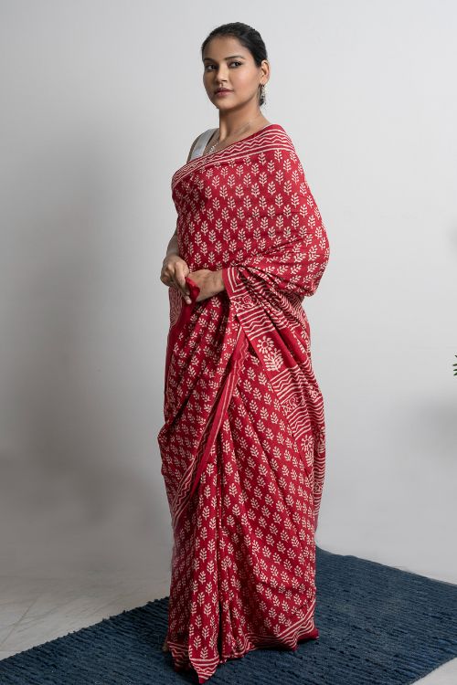 ICH Bagru Statements. Hand Block Printed Mul Cotton Saree - Red Flora
