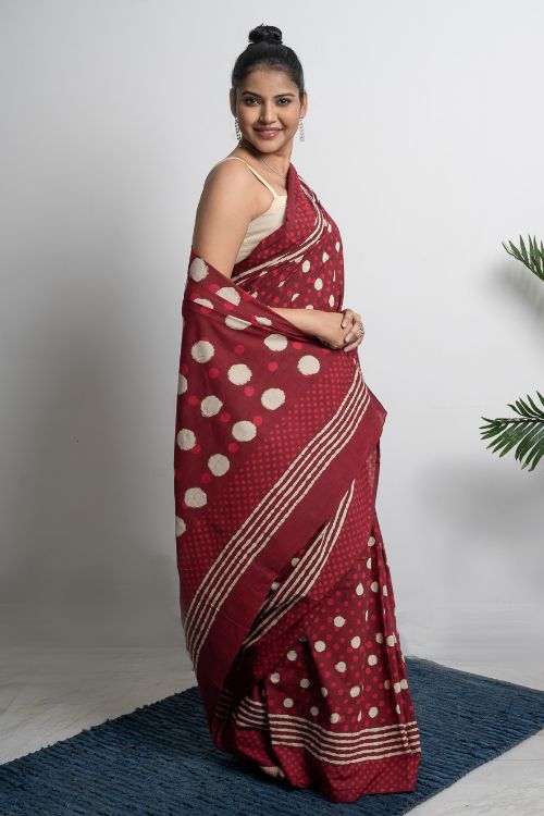 ICH Cotton Appeal. Dabu Hand Block Printed Mul Cotton Saree- Red Polka