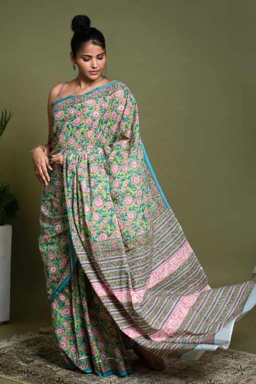 ICH Sanganer Statements. Hand Block Printed Mul Cotton Saree - Green Flora