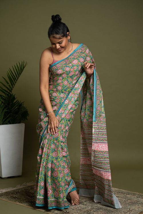 ICH Sanganer Statements. Hand Block Printed Mul Cotton Saree - Green Flora