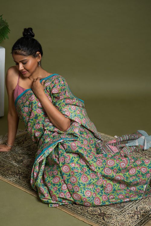 ICH Sanganer Statements. Hand Block Printed Mul Cotton Saree - Green Flora