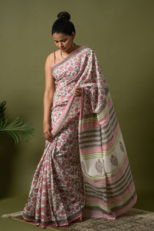 ICH Sanganer Statements. Hand Block Printed Mul Cotton Saree - White Flora