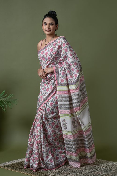 ICH Sanganer Statements. Hand Block Printed Mul Cotton Saree - White Flora