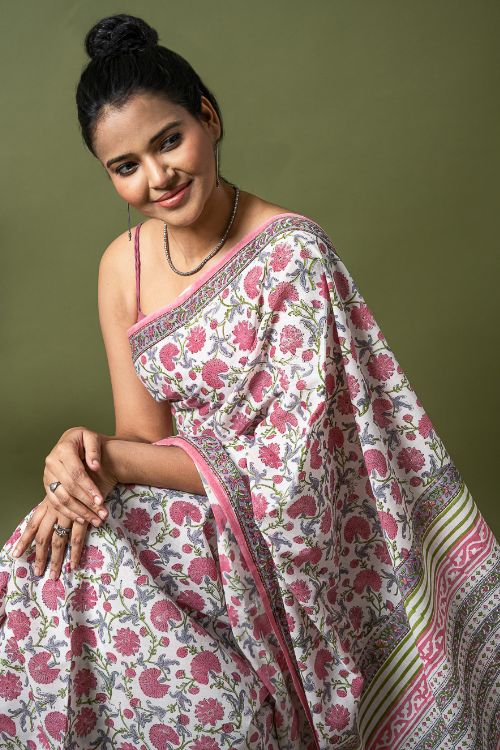 ICH Sanganer Statements. Hand Block Printed Mul Cotton Saree - White Flora