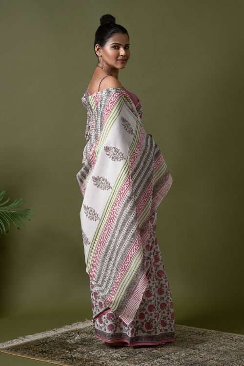 ICH Sanganer Statements. Hand Block Printed Mul Cotton Saree - White Flora