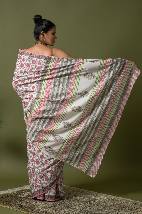 ICH Sanganer Statements. Hand Block Printed Mul Cotton Saree - White Flora