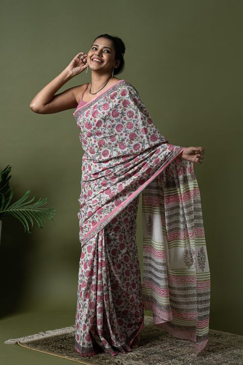 ICH Sanganer Statements. Hand Block Printed Mul Cotton Saree - White Flora