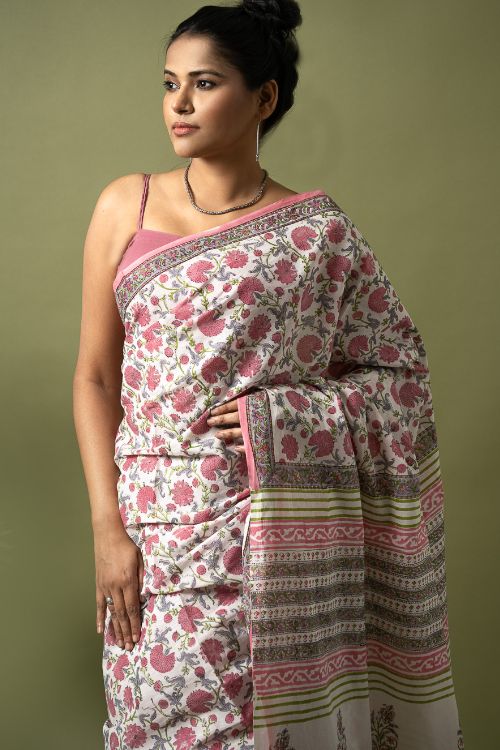 ICH Sanganer Statements. Hand Block Printed Mul Cotton Saree - White Flora