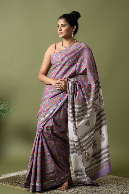 ICH Sanganer Statements. Hand Block Printed Mul Cotton Saree - Mauve Flora
