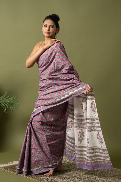 ICH Sanganer Statements. Hand Block Printed Mul Cotton Saree - Mauve Flora