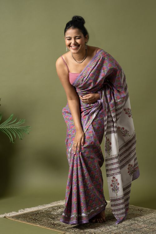 ICH Sanganer Statements. Hand Block Printed Mul Cotton Saree - Mauve Flora