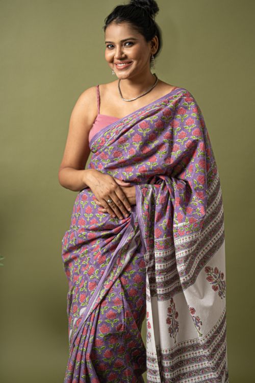 ICH Sanganer Statements. Hand Block Printed Mul Cotton Saree - Mauve Flora