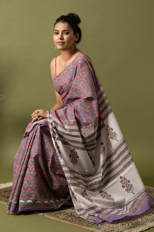 ICH Sanganer Statements. Hand Block Printed Mul Cotton Saree - Mauve Flora
