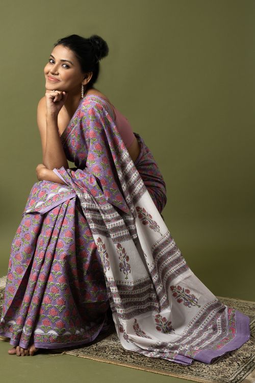 ICH Sanganer Statements. Hand Block Printed Mul Cotton Saree - Mauve Flora