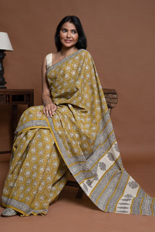 ICH Bagru Statements. Hand Block Printed Mul Cotton Saree - Ochre Ornate