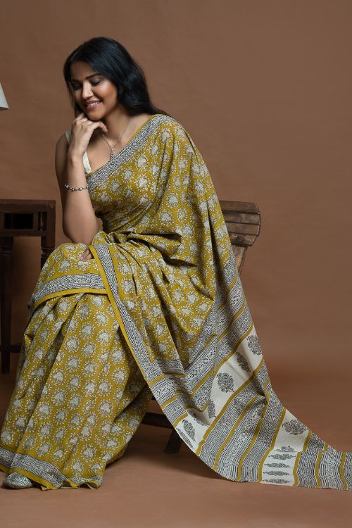 ICH Bagru Statements. Hand Block Printed Mul Cotton Saree - Ochre Ornate