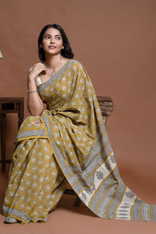 ICH Bagru Statements. Hand Block Printed Mul Cotton Saree - Ochre Ornate