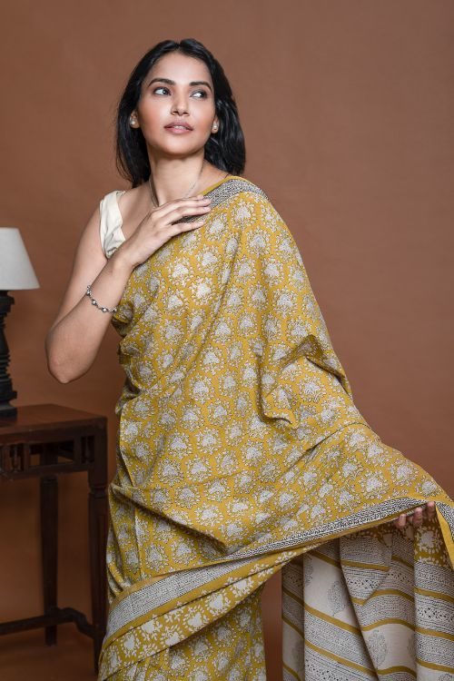 ICH Bagru Statements. Hand Block Printed Mul Cotton Saree - Ochre Ornate