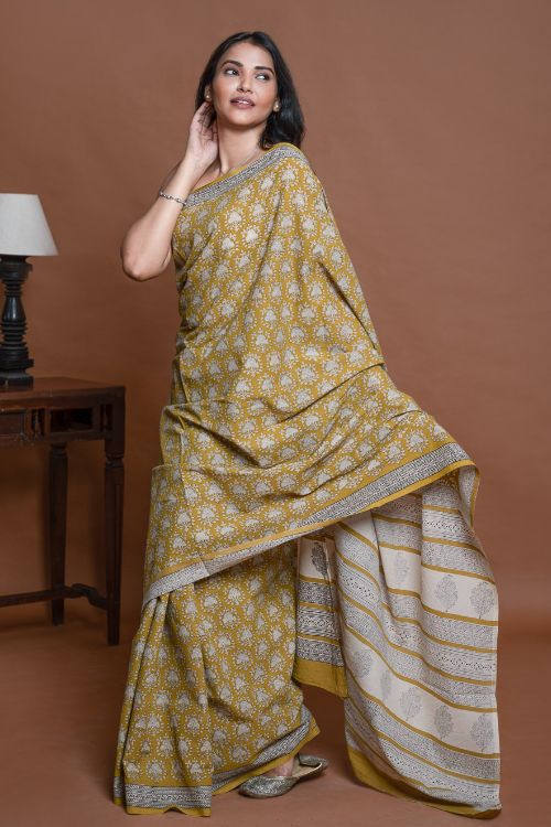 ICH Bagru Statements. Hand Block Printed Mul Cotton Saree - Ochre Ornate