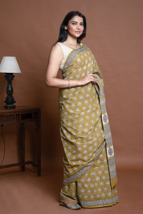 ICH Bagru Statements. Hand Block Printed Mul Cotton Saree - Ochre Ornate