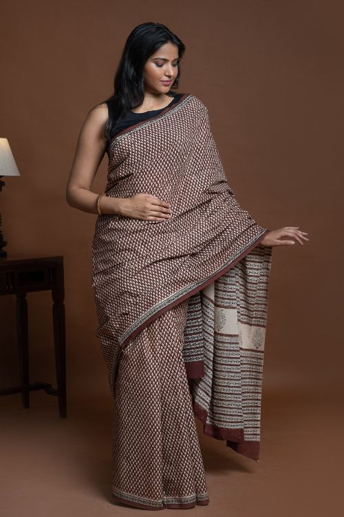 ICH Bagru Statements. Hand Block Printed Mul Cotton Saree - Brown Buds