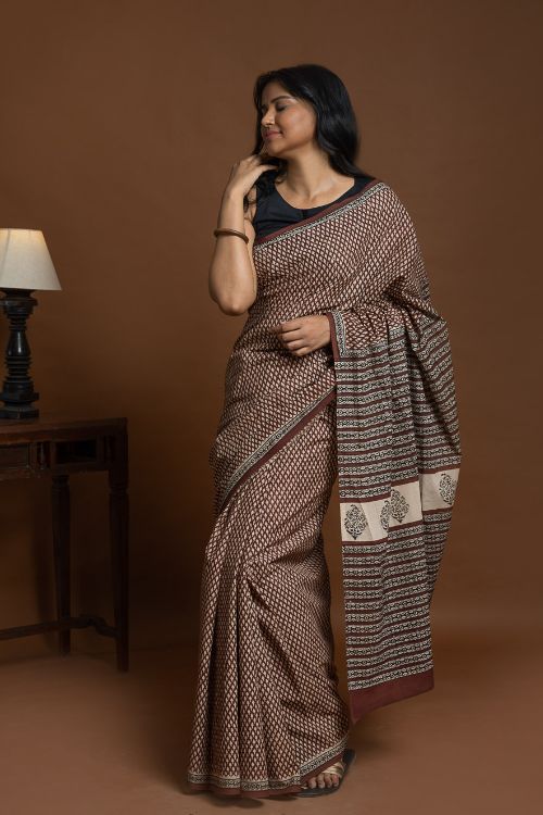 ICH Bagru Statements. Hand Block Printed Mul Cotton Saree - Brown Buds