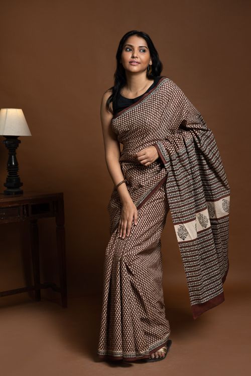 ICH Bagru Statements. Hand Block Printed Mul Cotton Saree - Brown Buds