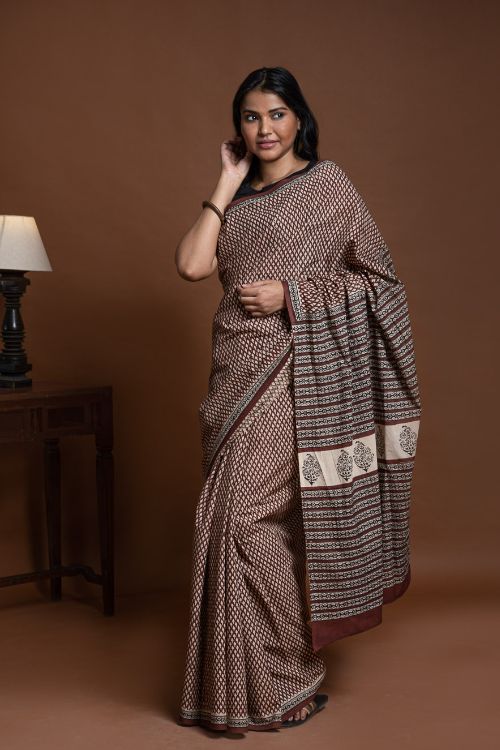 ICH Bagru Statements. Hand Block Printed Mul Cotton Saree - Brown Buds