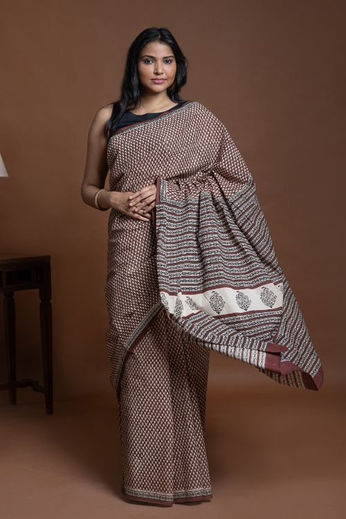 ICH Bagru Statements. Hand Block Printed Mul Cotton Saree - Brown Buds