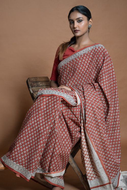 ICH Bagru Statements. Hand Block Printed Mul Cotton Saree - Brick Flora
