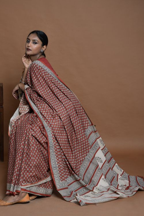 ICH Bagru Statements. Hand Block Printed Mul Cotton Saree - Brick Flora