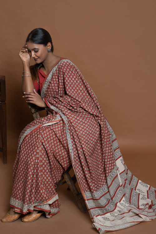 ICH Bagru Statements. Hand Block Printed Mul Cotton Saree - Brick Flora